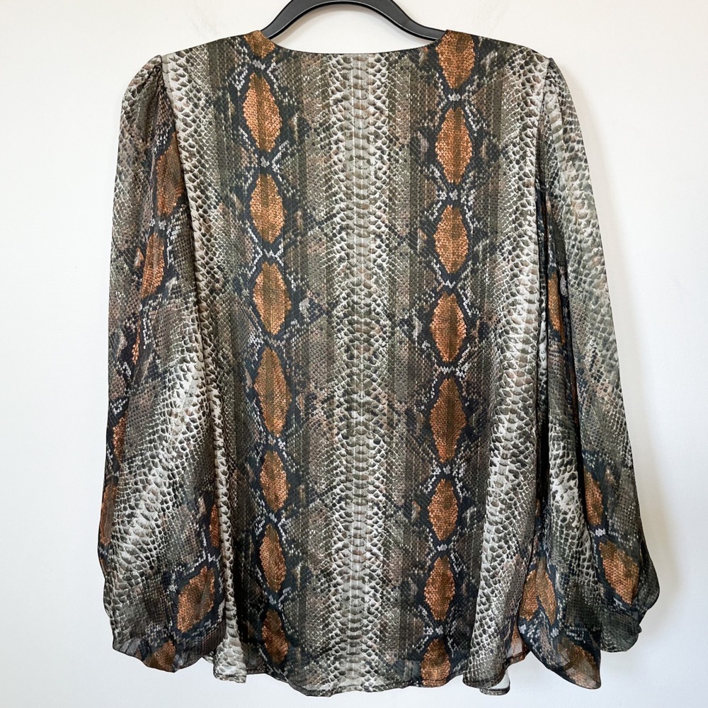 Adrienne Snake Print Balloon‎ Sleeve V-Neck Blouse Womens Medium Green Brown - Picture 5 of 8